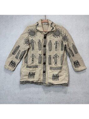 Venus Imports Jacket Womens Large Beige Cotton Tribal Print Button Front Boho